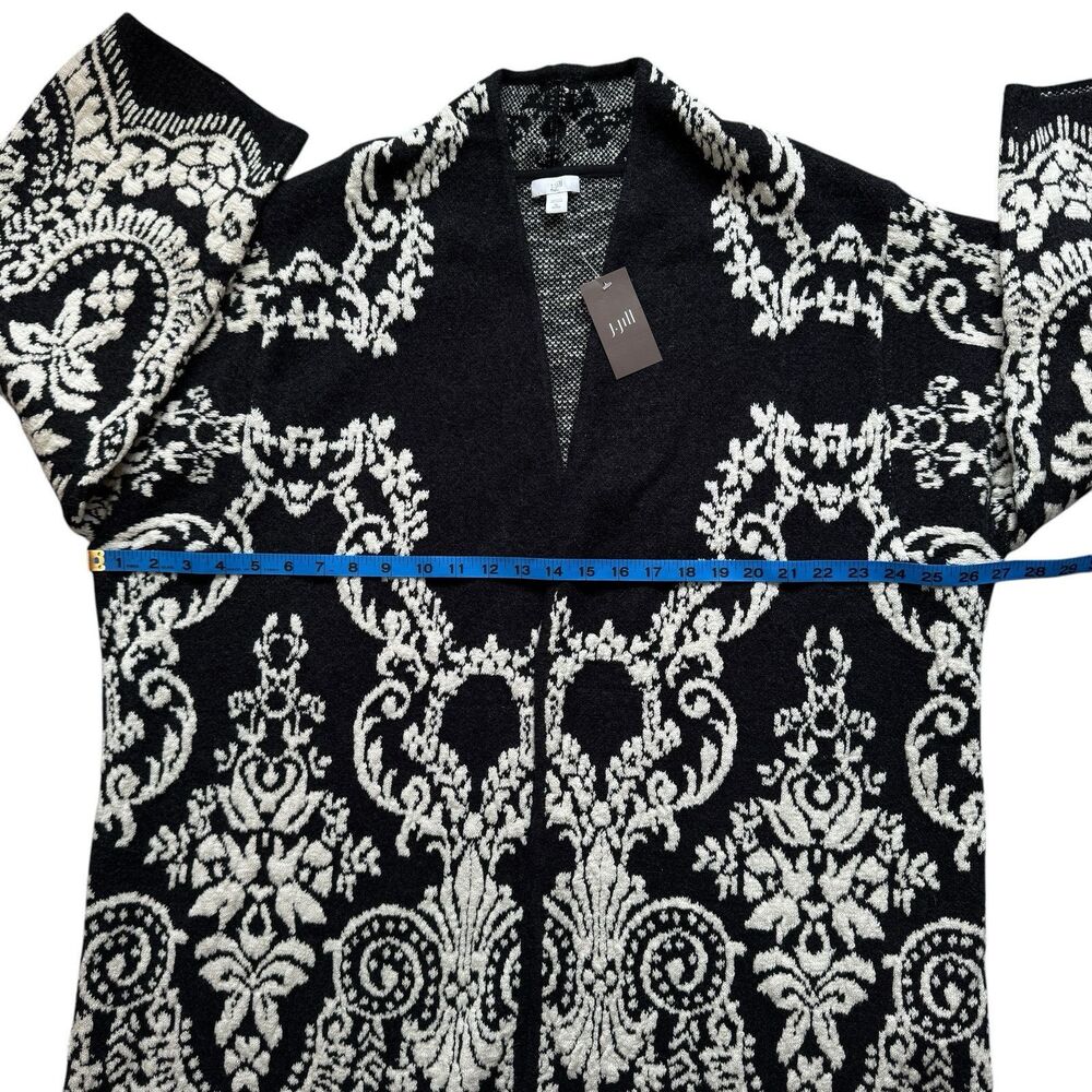 J Jill Cardigan Sweater Size XL Petite Long Jacquard Open Front Black - Picture 4 of 13